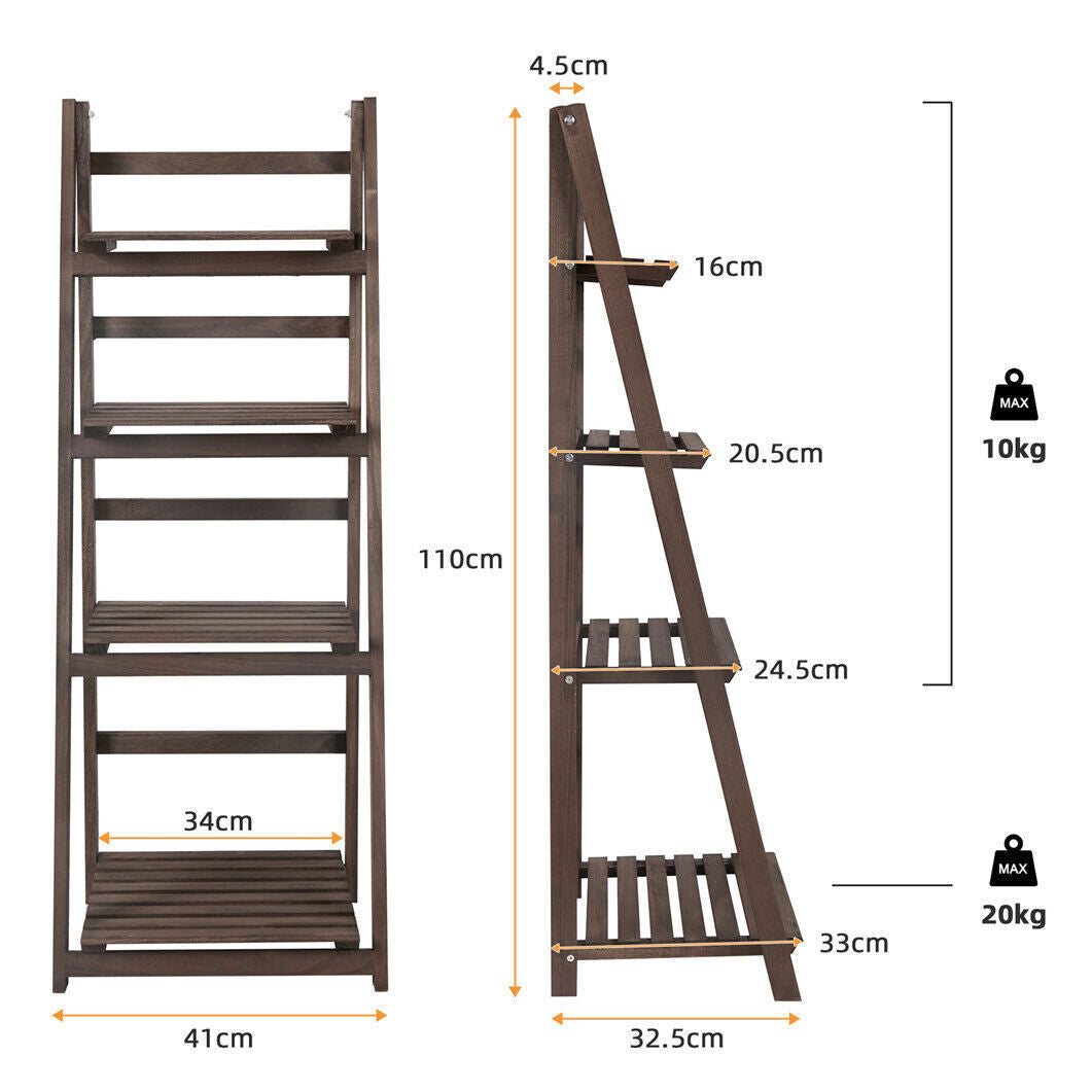 Retro 4 Tier Wooden Ladder Bookcase Folding Book Shelf Plant Stand Storage Rack