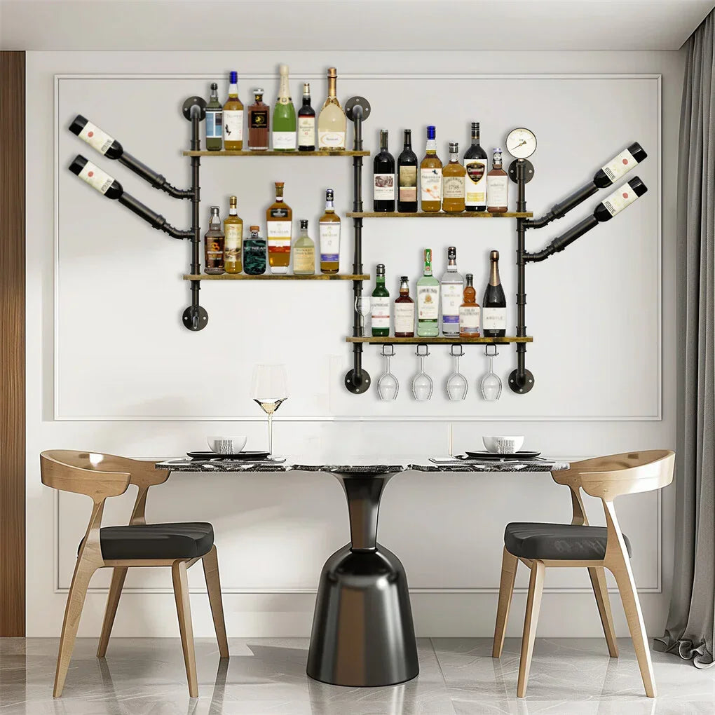 Industrial Pipe Bar Wall Liquor Shelf Floating Shelves with Wine Glass Holder