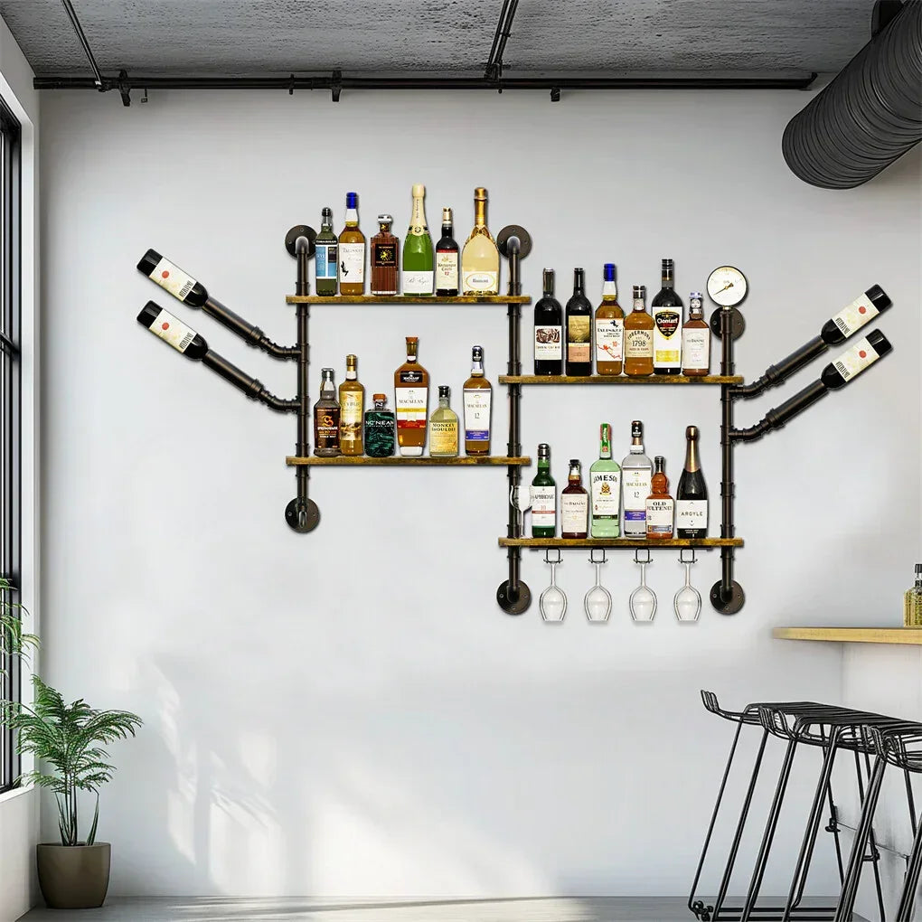 Industrial Pipe Bar Wall Liquor Shelf Floating Shelves with Wine Glass Holder