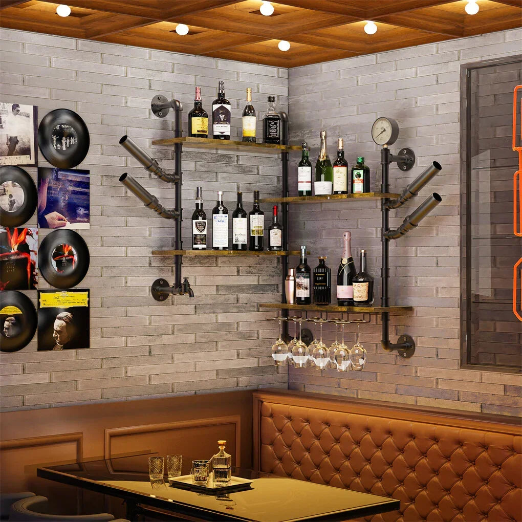 Industrial Pipe Bar Wall Liquor Shelf Floating Shelves with Wine Glass Holder