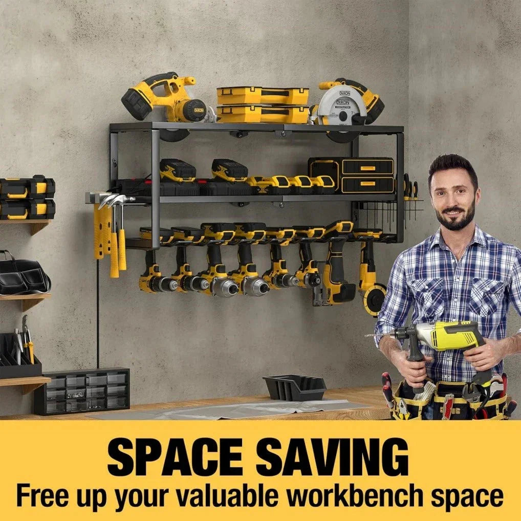 Heavy Duty Power Tool Organizer with 7 Drill Holders Wall Mounted Garage Storage Rack for Tools & Utility