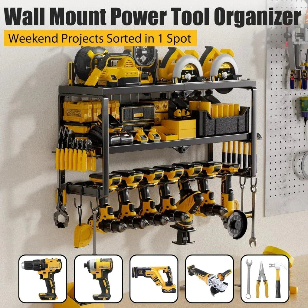 Heavy Duty Power Tool Organizer with 7 Drill Holders Wall Mounted Garage Storage Rack for Tools & Utility