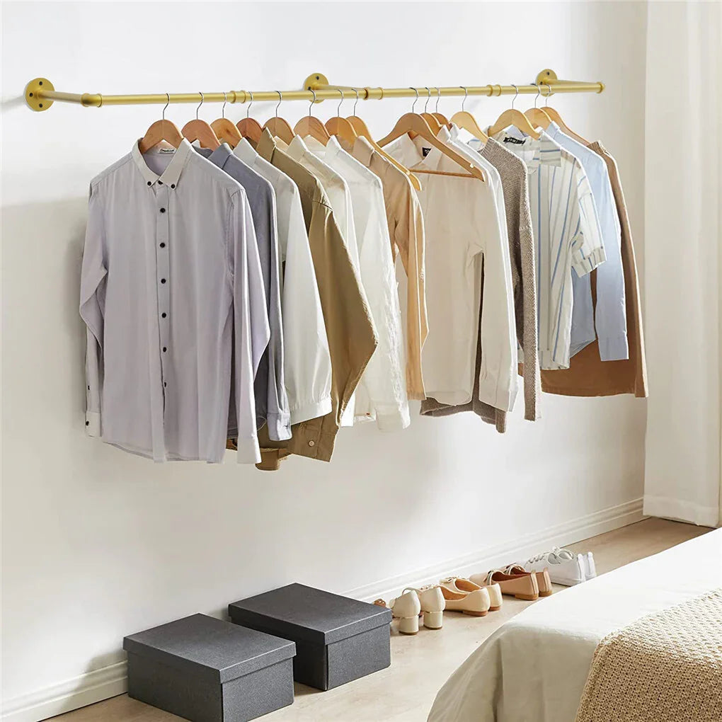 Vintage Gold Wall-Mounted Clothes Rack – Strong Metal Garment Hanging Rail