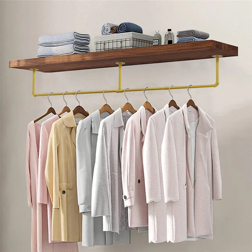 Vintage Gold Wall-Mounted Clothes Rack – Strong Metal Garment Hanging Rail
