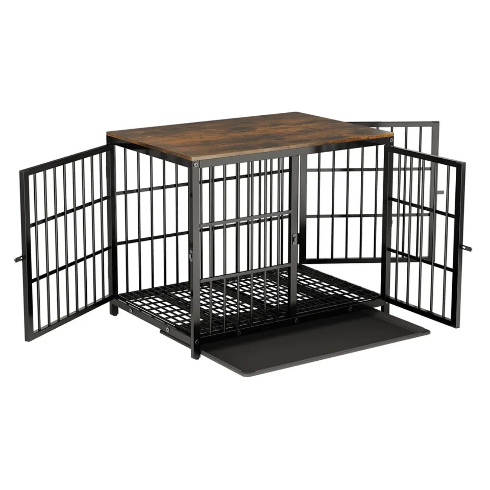Black Walnut XL Dog Crate with Wooden Furniture Style, 3-Door Entry and Slide Out Tray