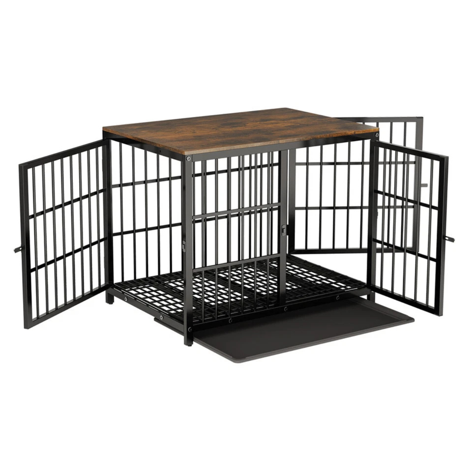 Black Walnut XL Dog Crate with Wooden Furniture Style, 3-Door Entry and Slide Out Tray