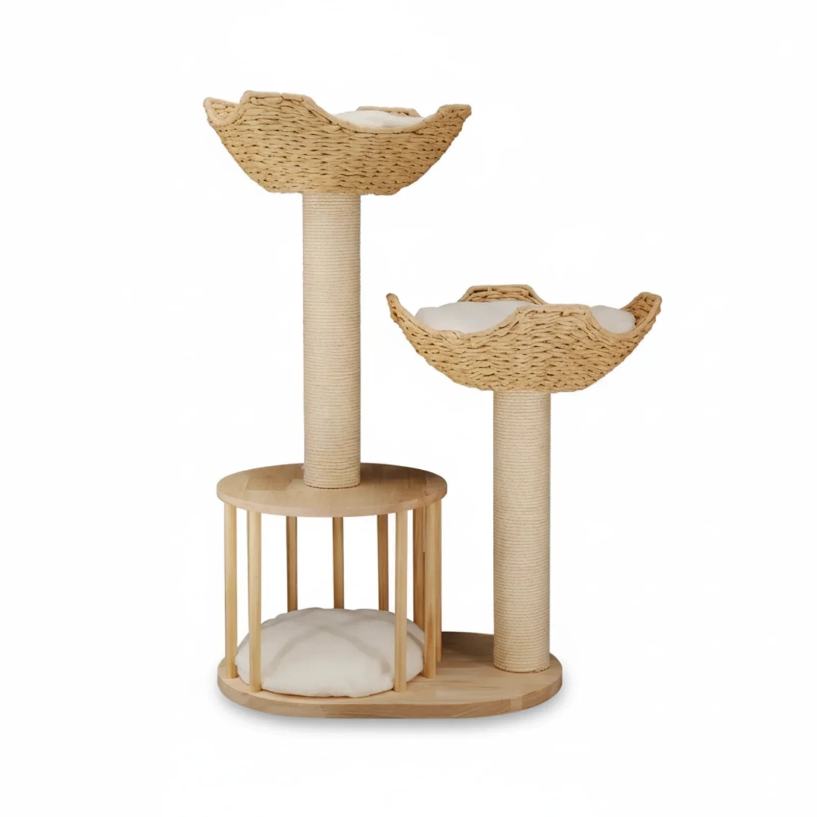 Natural Wood White 3-Tier Cat Tower with Scratching Post, Condo and Plush Baskets