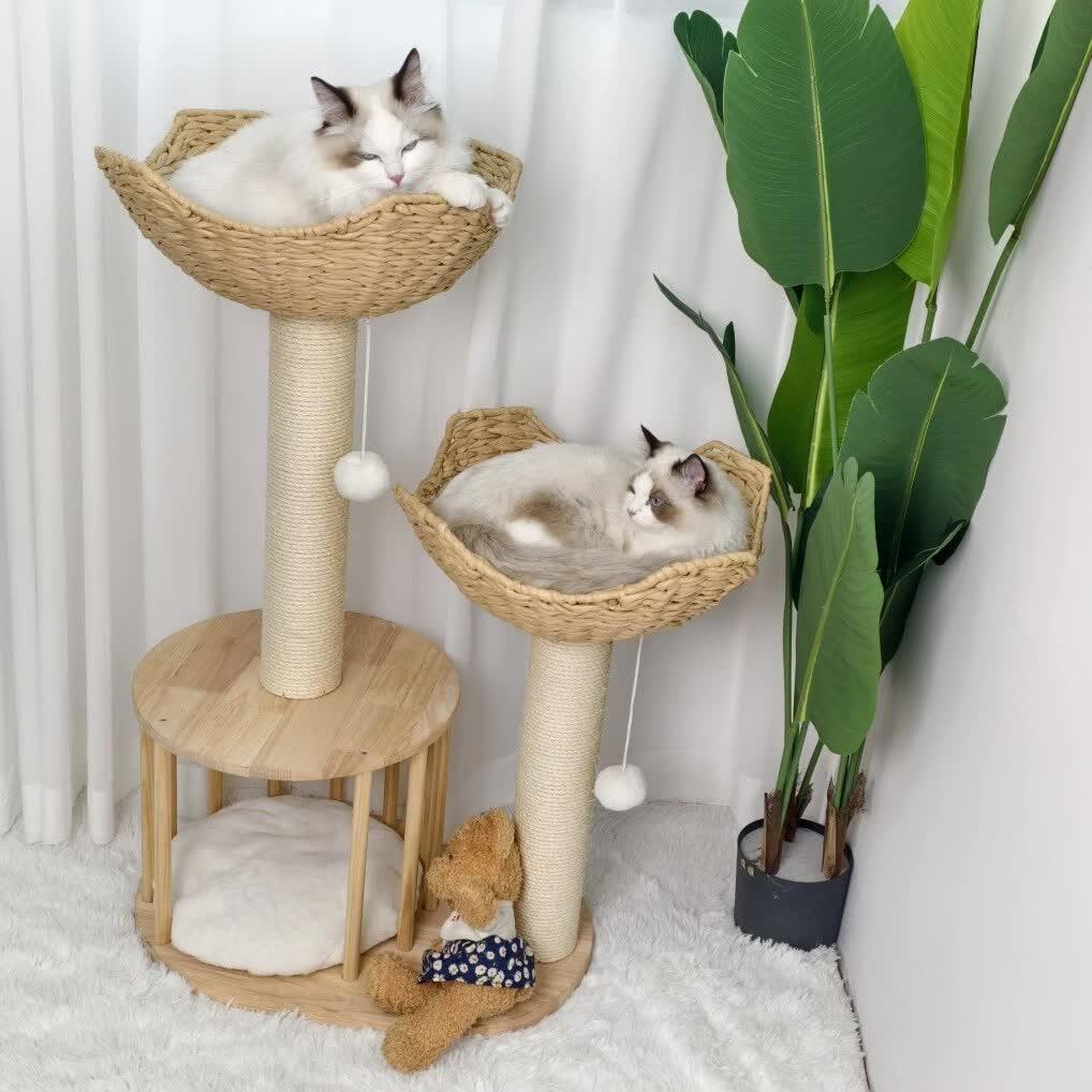 Natural Wood White 3-Tier Cat Tower with Scratching Post, Condo and Plush Baskets