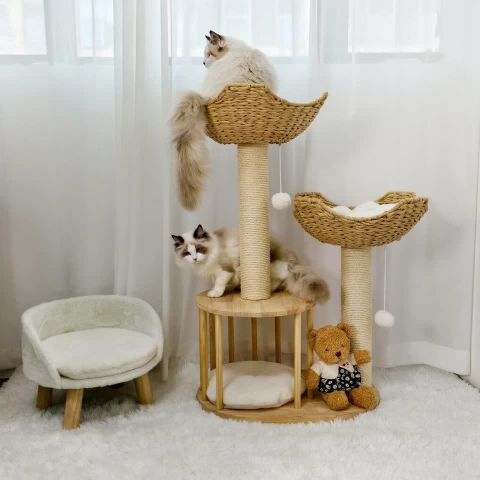 Natural Wood White 3-Tier Cat Tower with Scratching Post, Condo and Plush Baskets