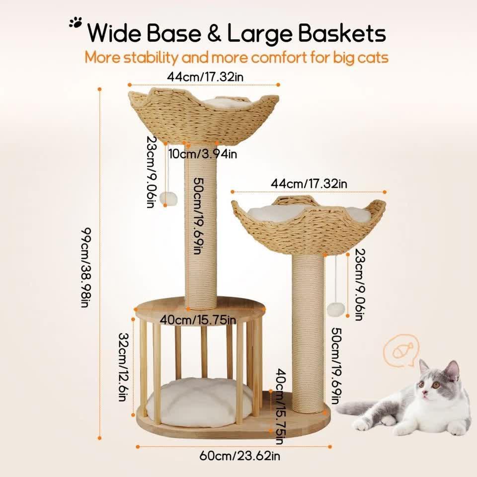 Natural Wood White 3-Tier Cat Tower with Scratching Post, Condo and Plush Baskets