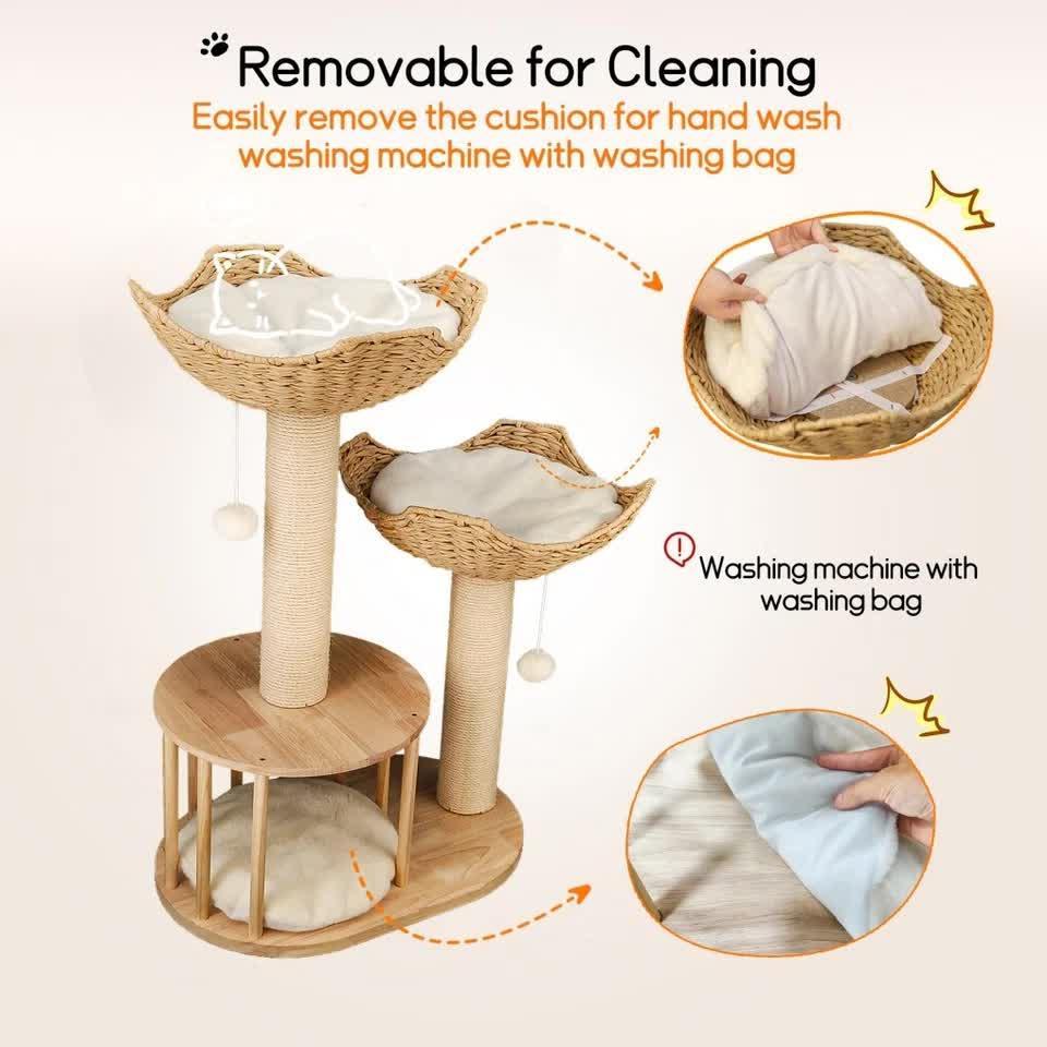 Natural Wood White 3-Tier Cat Tower with Scratching Post, Condo and Plush Baskets