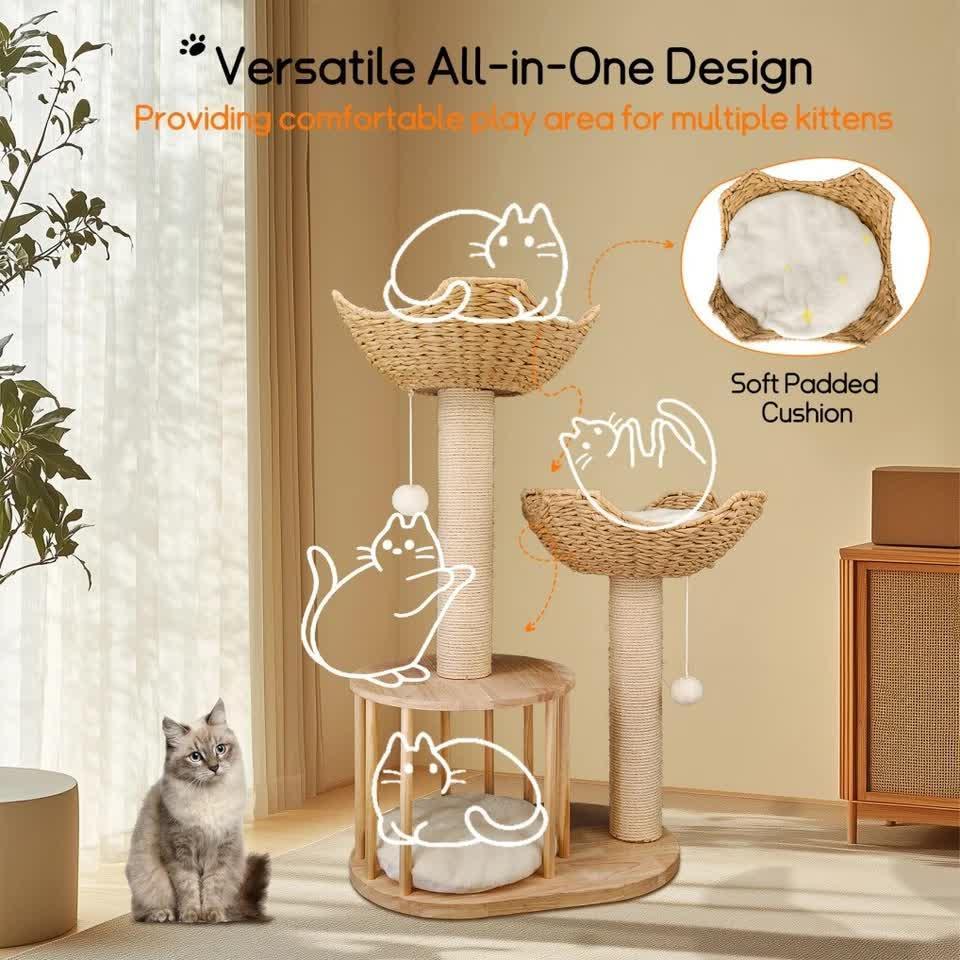 Natural Wood White 3-Tier Cat Tower with Scratching Post, Condo and Plush Baskets