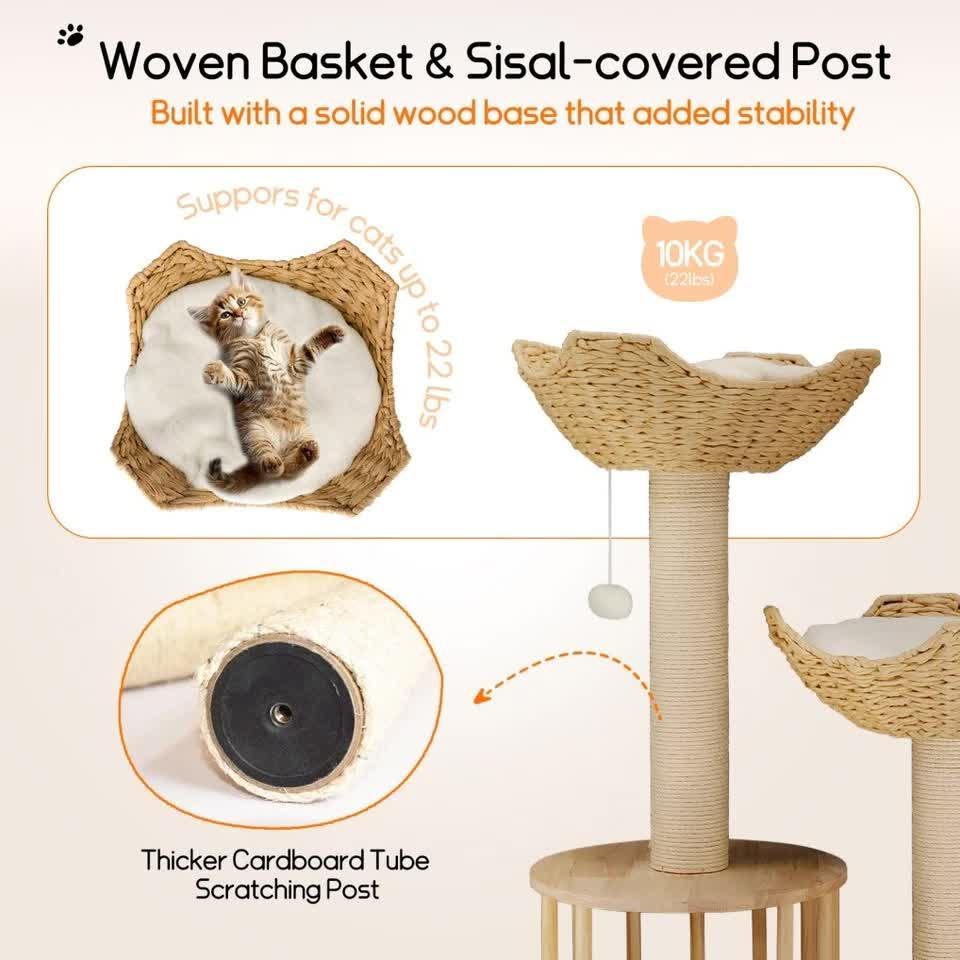 Natural Wood White 3-Tier Cat Tower with Scratching Post, Condo and Plush Baskets