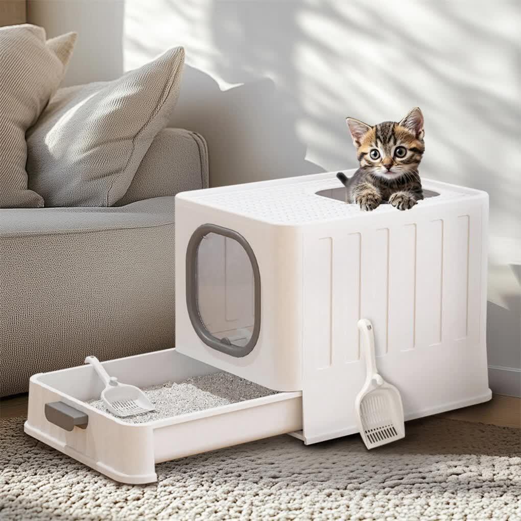 Big Top Entry Deep Tray Enclosed Kitty Cat Litter Box Easy To Clean Pull Handle