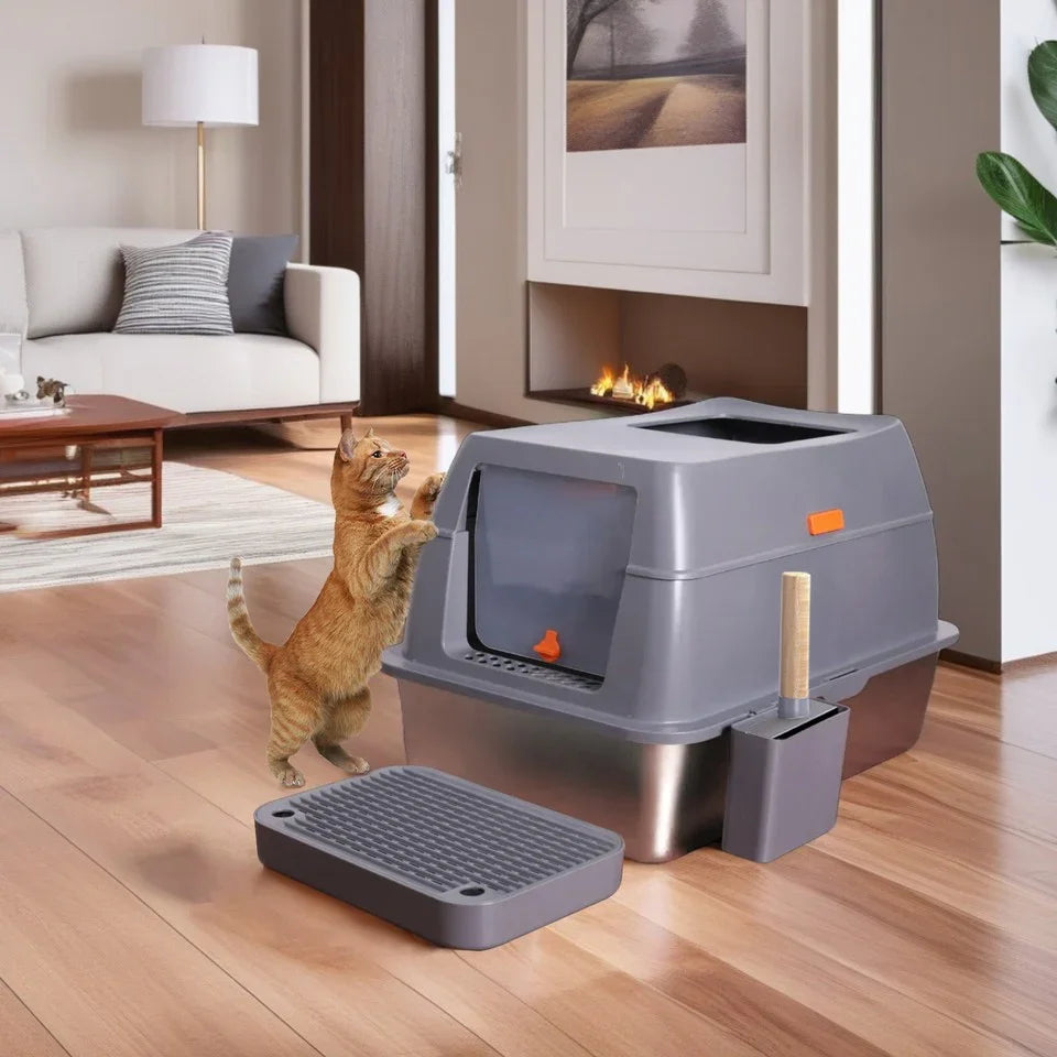 65L Big Cat Stainless Steel Litter Box With Lid High Wall With Triple Pedal Gray
