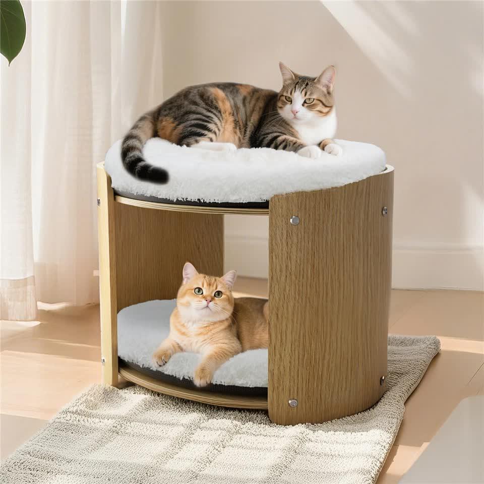 Natural Wood Cat Bunk Bed with Cushioned Two Tiers for Stylish Pet Comfort