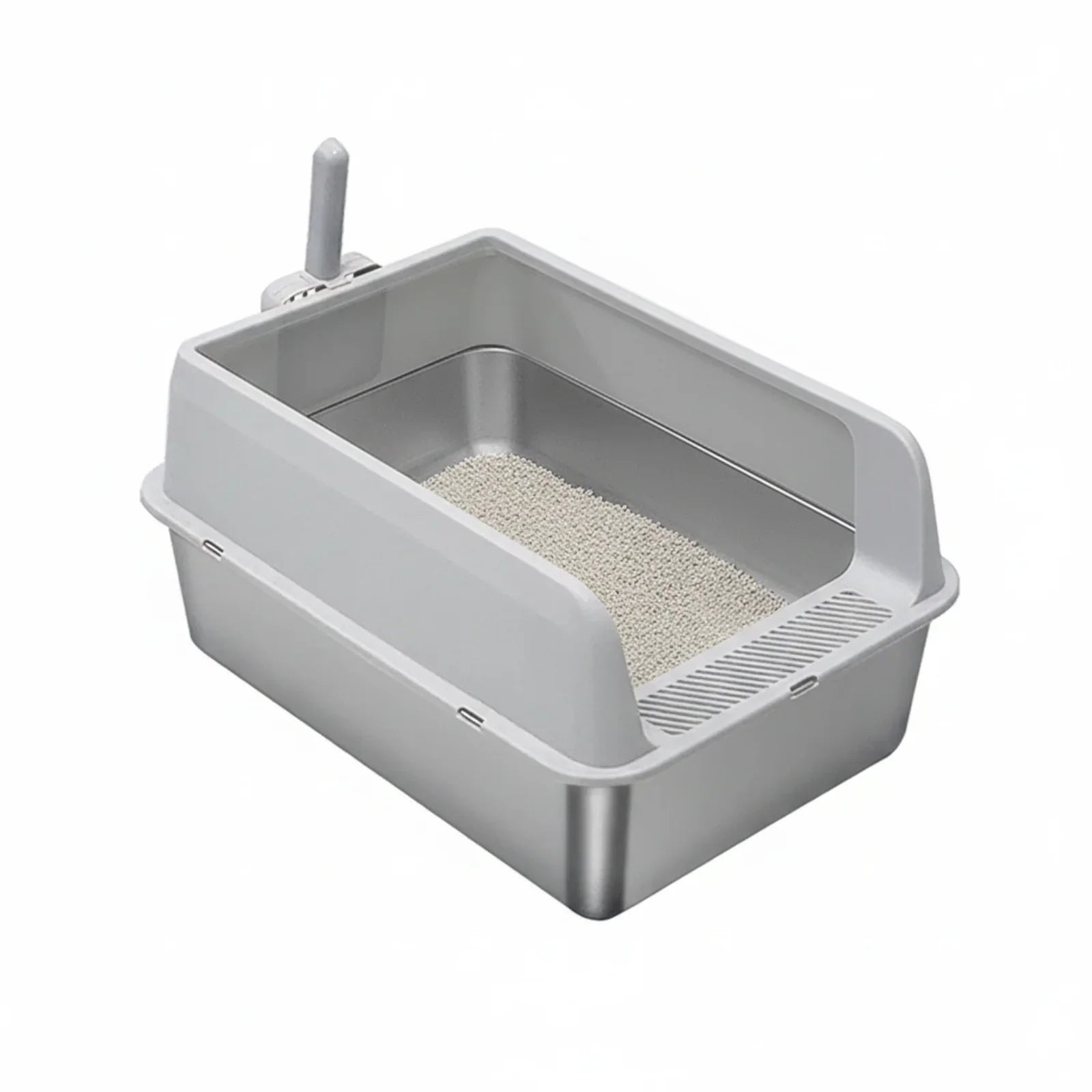 Grey Silver Stainless Steel Cat Litter Box with High Sides, Open Top and Scoop