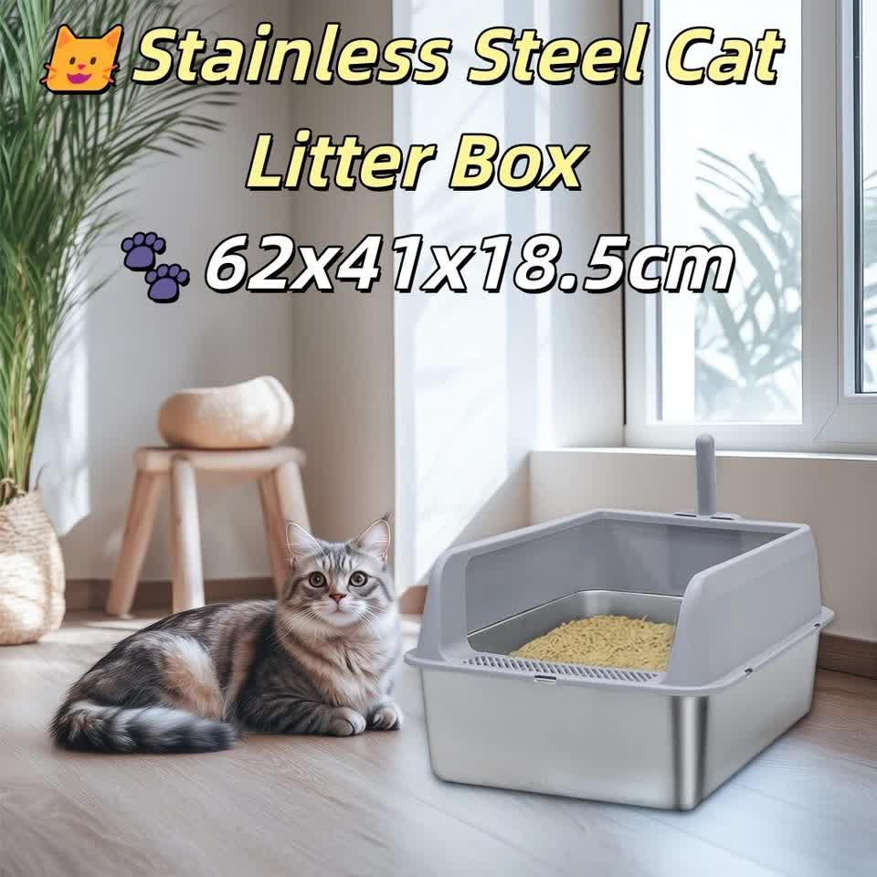 Grey Silver Stainless Steel Cat Litter Box with High Sides, Open Top and Scoop