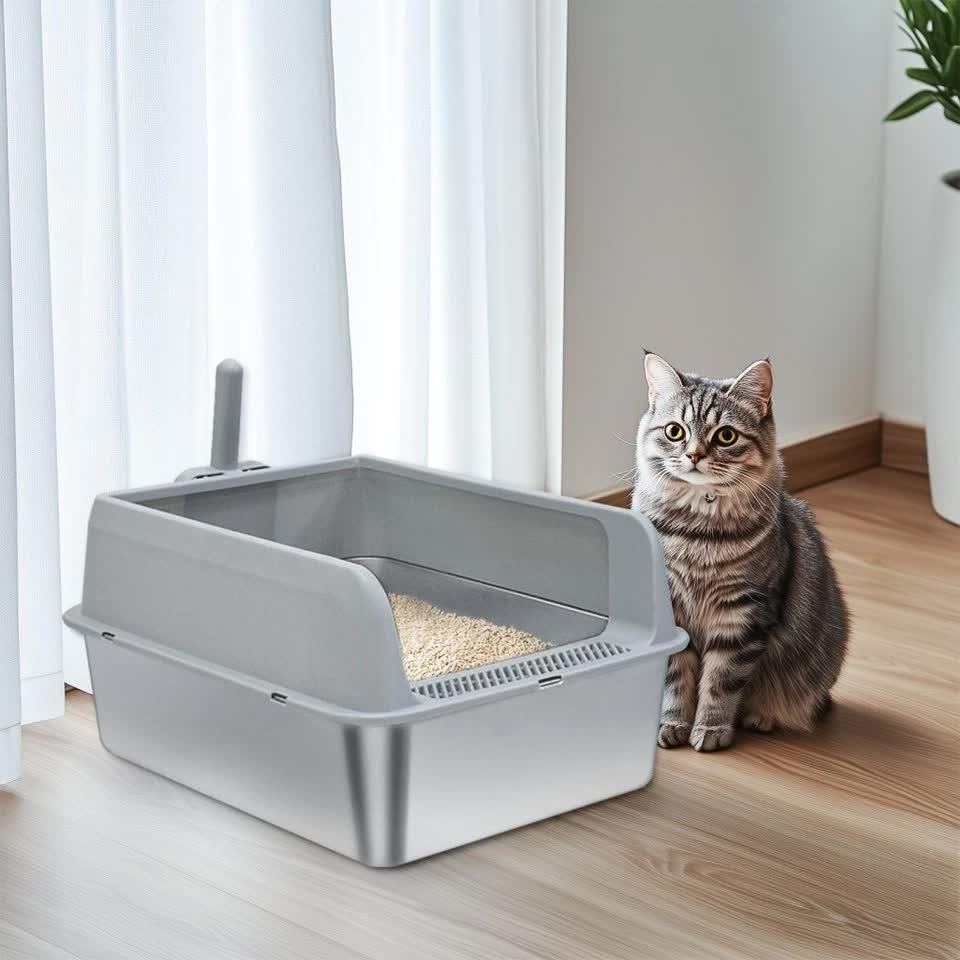 Grey Silver Stainless Steel Cat Litter Box with High Sides, Open Top and Scoop