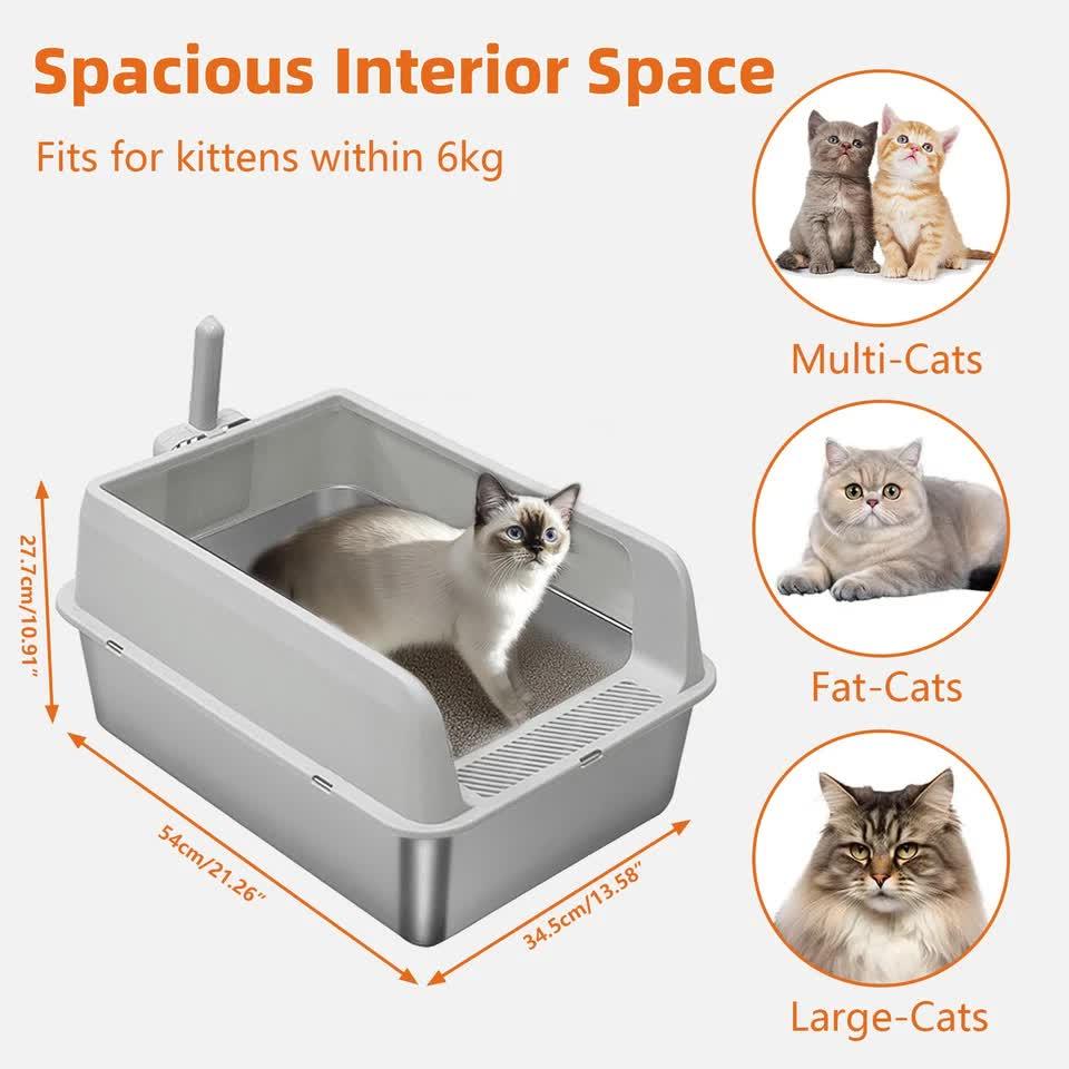 Grey Silver Stainless Steel Cat Litter Box with High Sides, Open Top and Scoop