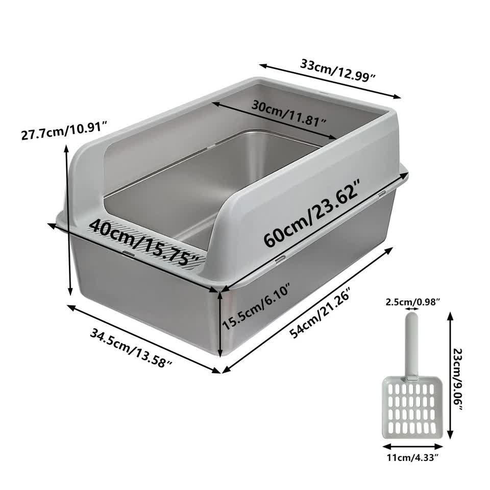 Grey Silver Stainless Steel Cat Litter Box with High Sides, Open Top and Scoop