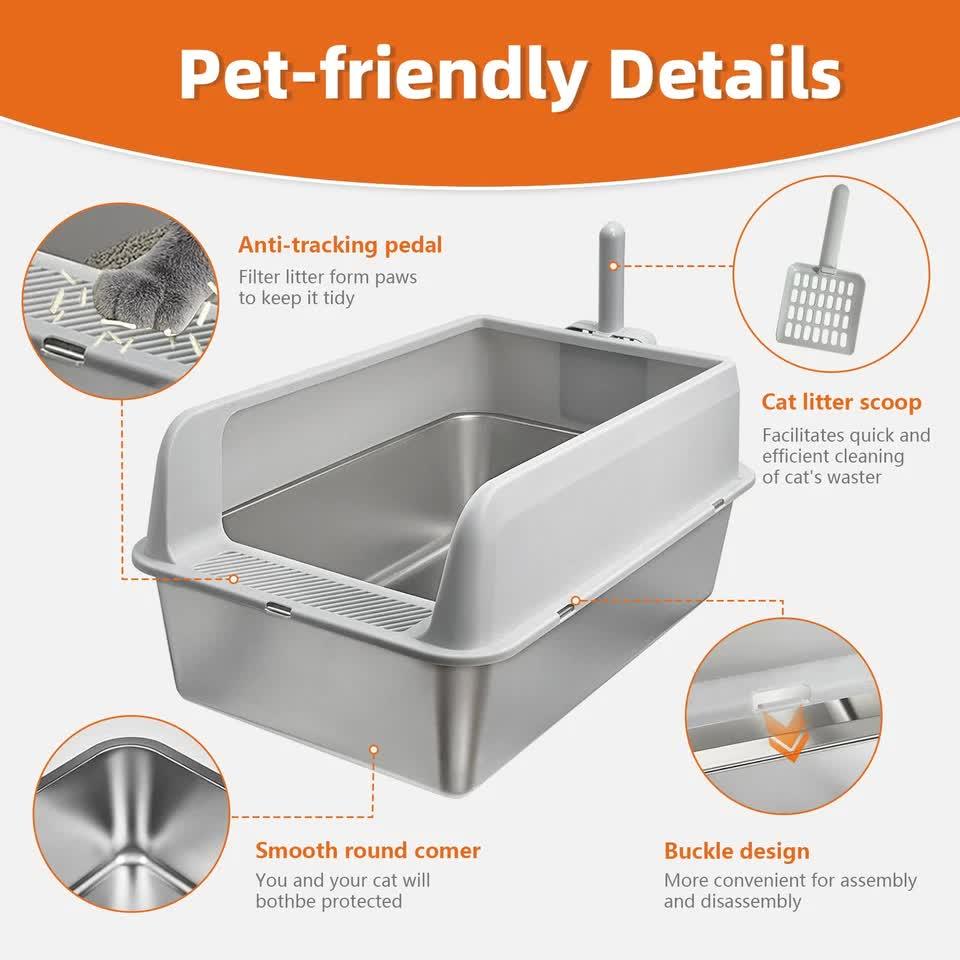 Grey Silver Stainless Steel Cat Litter Box with High Sides, Open Top and Scoop