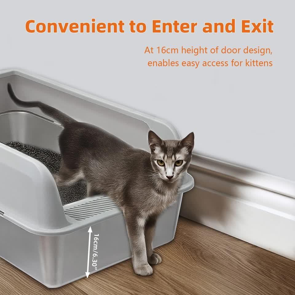Grey Silver Stainless Steel Cat Litter Box with High Sides, Open Top and Scoop
