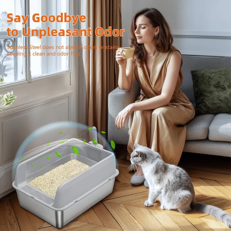 Grey Silver Stainless Steel Cat Litter Box with High Sides, Open Top and Scoop
