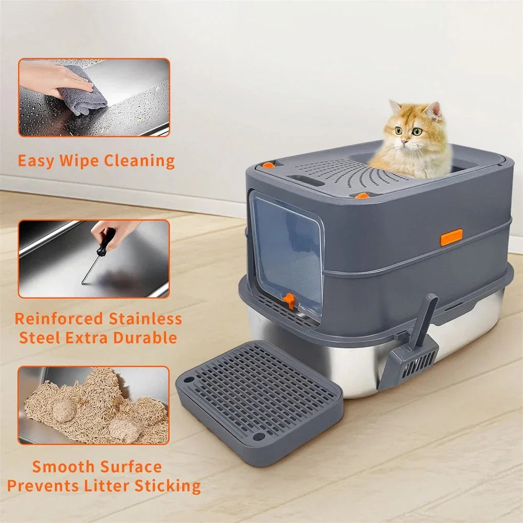 Jumbo Stainless Steel Cat Litter Box for Multi-Cats Large Toilet Box with Removable Lid