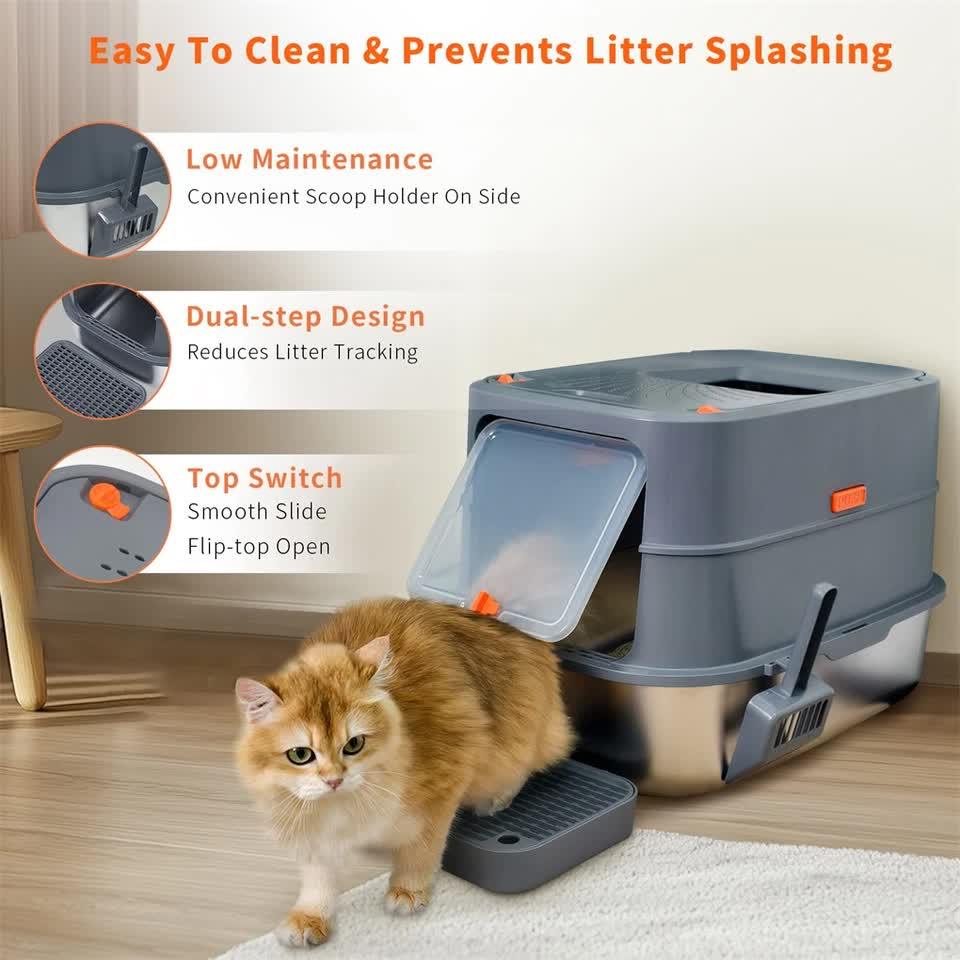 Jumbo Stainless Steel Cat Litter Box for Multi-Cats Large Toilet Box with Removable Lid