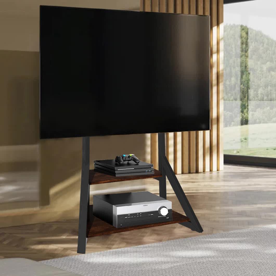 2 Tiers Black Shelves Heavy Duty Universal Tv Floor Stand For 32-75 Inches