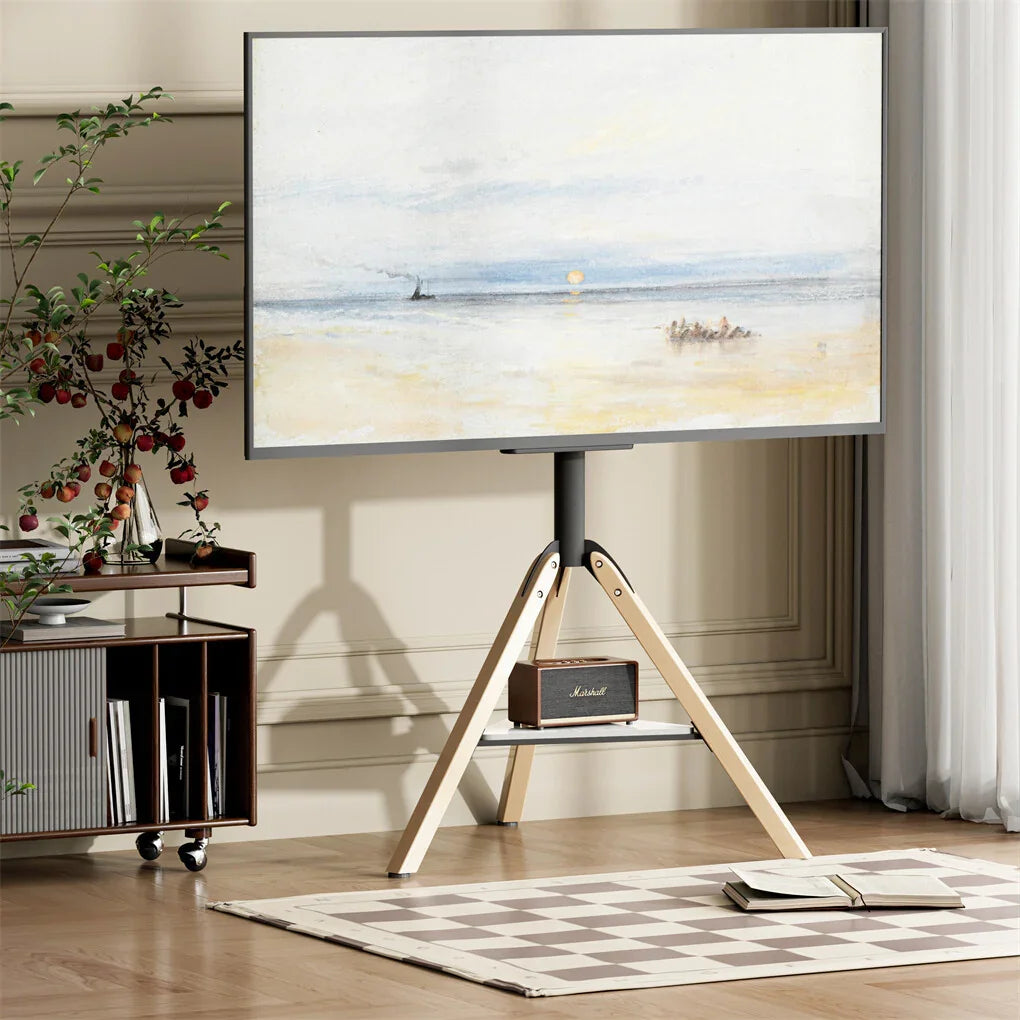 FIN 32-75 Inch Swivel Tripod TV Stand Stable Wooden Legs TV Mount with Marble Shelf