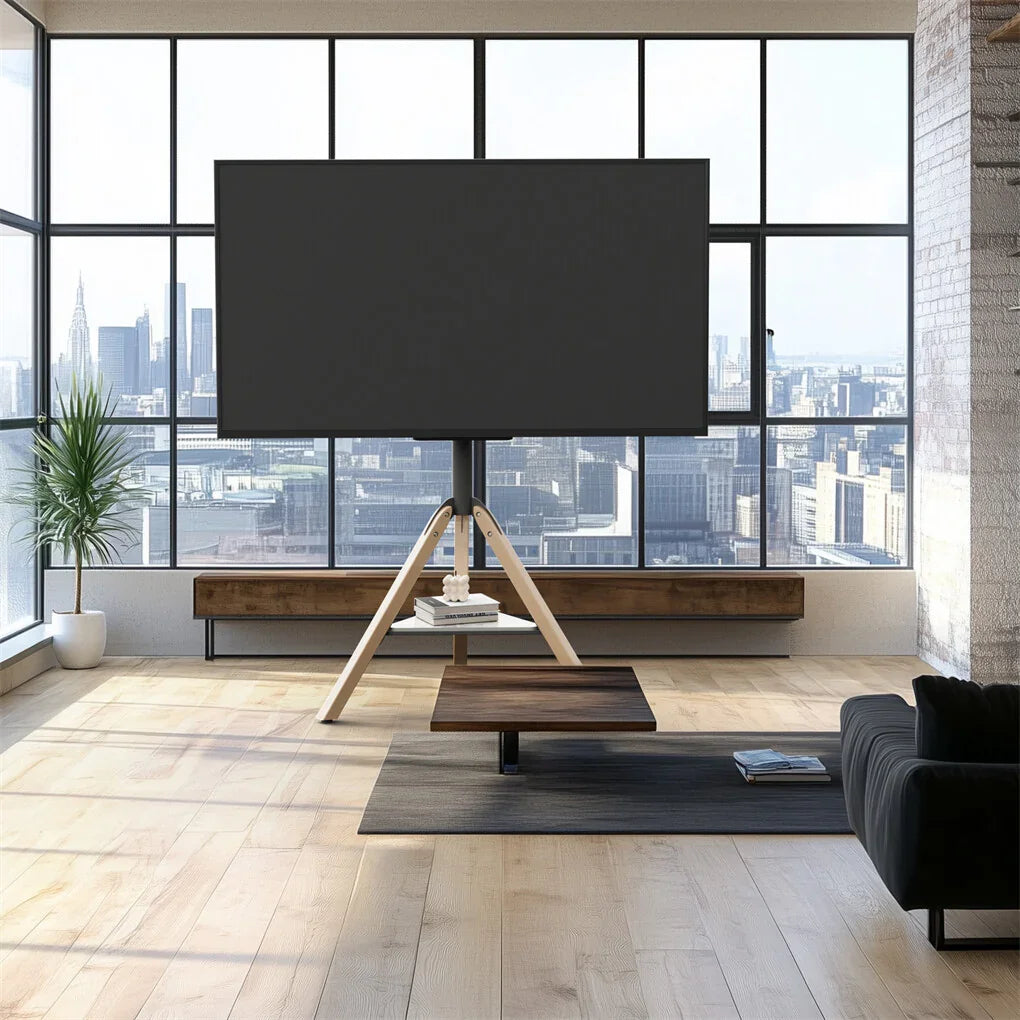 FIN 32-75 Inch Swivel Tripod TV Stand Stable Wooden Legs TV Mount with Marble Shelf