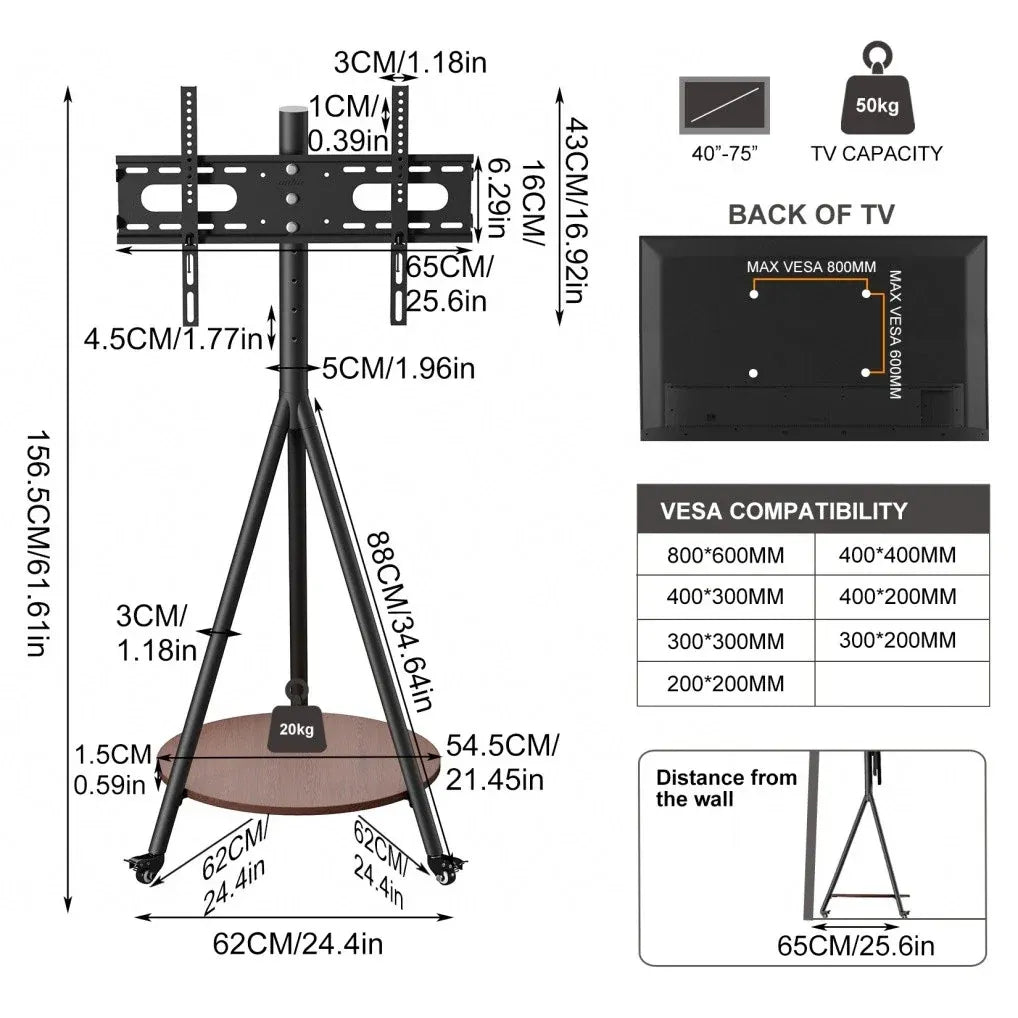 Movable Tripod Floor TV Stand with Wheels & Shelf for 40-75 Inch TVs - Height Adjustable Freestanding TV Mount up to 50kg - Black