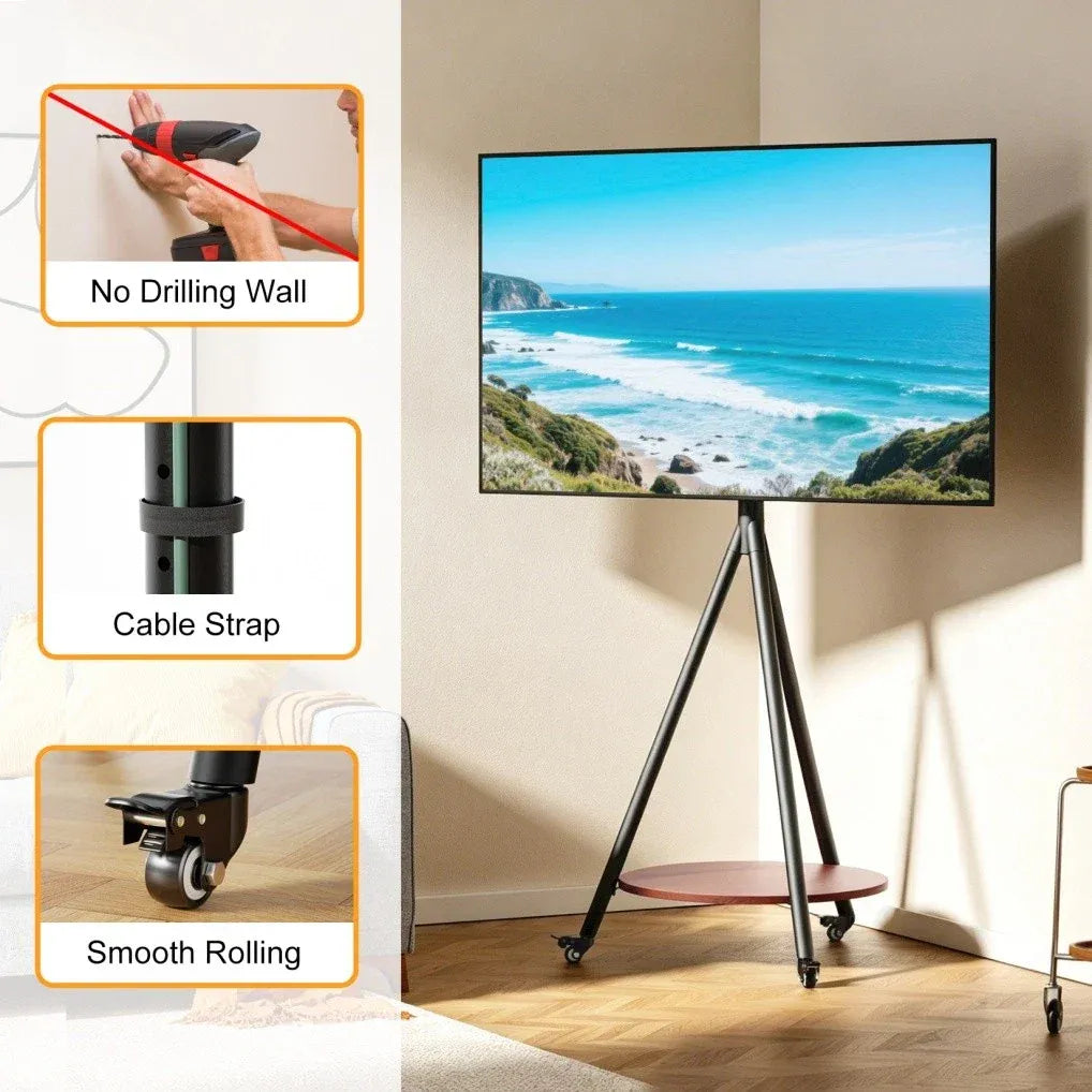Movable Tripod Floor TV Stand with Wheels & Shelf for 40-75 Inch TVs - Height Adjustable Freestanding TV Mount up to 50kg - Black