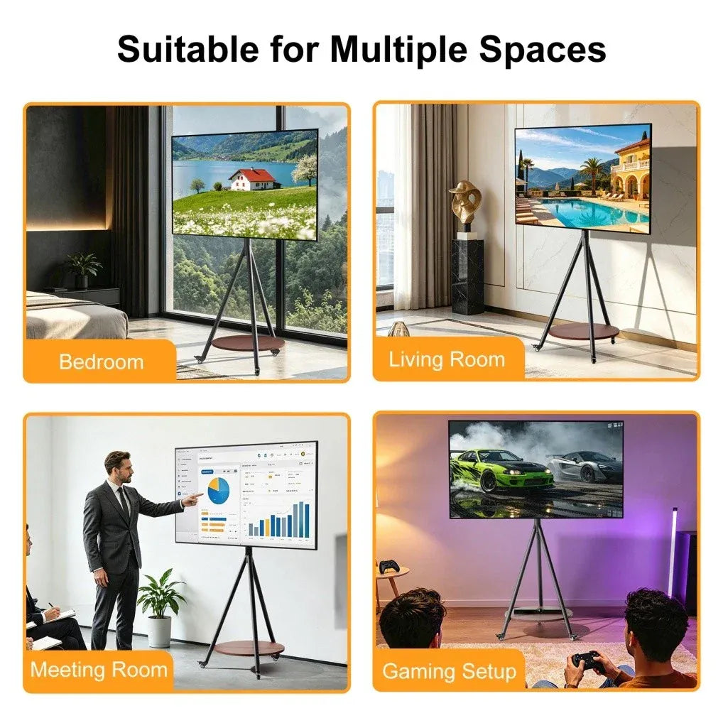 Movable Tripod Floor TV Stand with Wheels & Shelf for 40-75 Inch TVs - Height Adjustable Freestanding TV Mount up to 50kg - Black