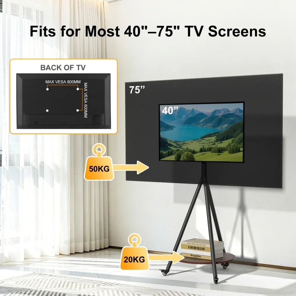 Movable Tripod Floor TV Stand with Wheels & Shelf for 40-75 Inch TVs - Height Adjustable Freestanding TV Mount up to 50kg - White