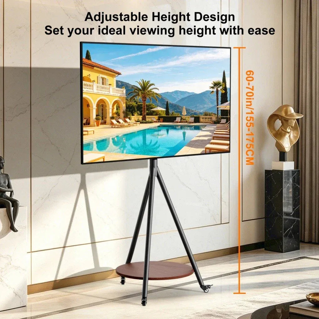 Movable Tripod Floor TV Stand with Wheels & Shelf for 40-75 Inch TVs - Height Adjustable Freestanding TV Mount up to 50kg - White