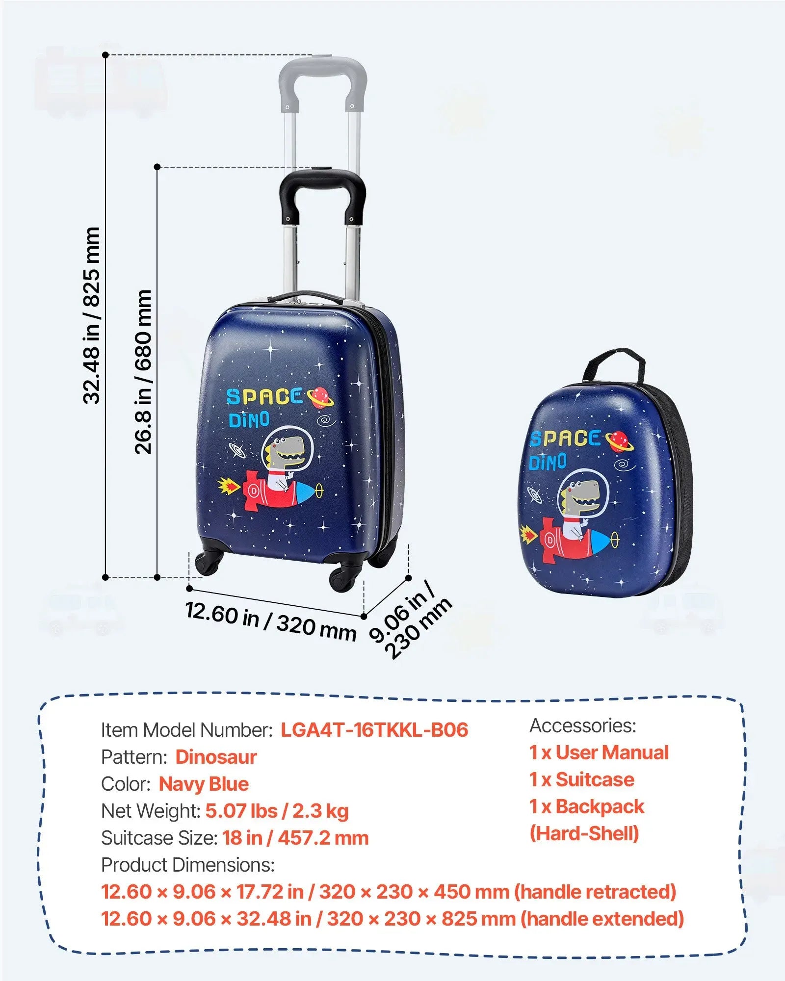 Kids Luggage Set, 2 Piece, 45.7 cm Hardside Rolling Wheels Suitcase with Hard-Shell Backpack, Airline Approved