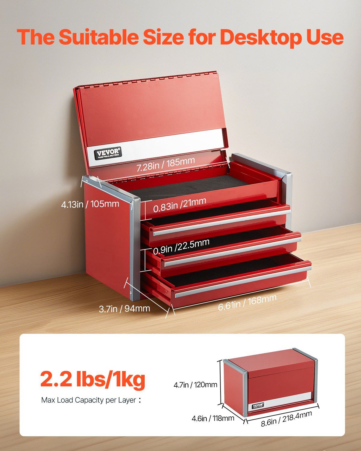 8.6-Inch Portable Metal Tool Box with 3 Drawers, Small Tool Chest with EVA Liners, PP Feet Pads, Heavy-Duty Steel, Ball Bearing Opening, Powder Coated Finish, Red