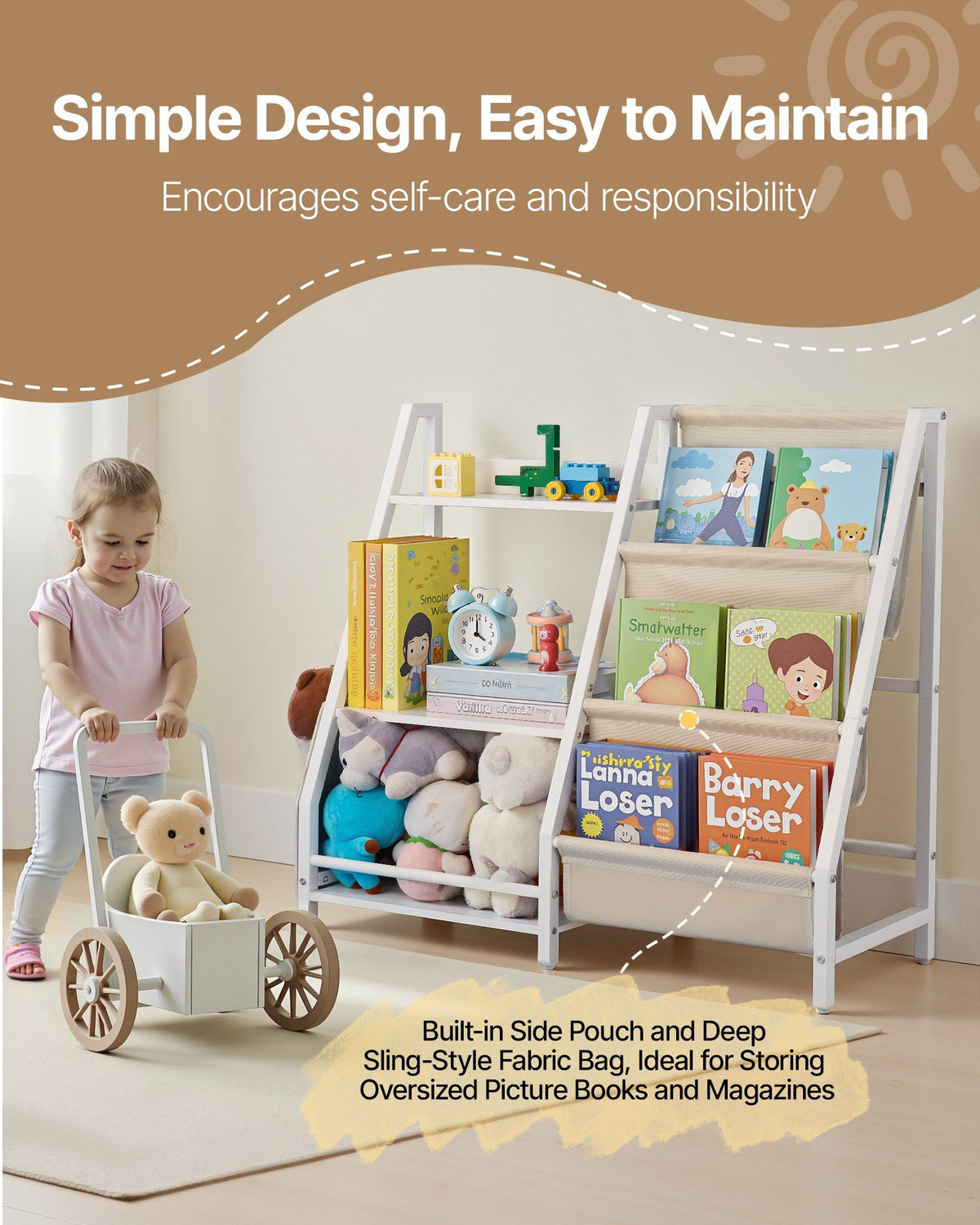 3-Tier Kids Bookshelf & Toy Storage Organizer with Sling Book Rack and Storage Bag For Toddler, Kids Room, Playroom, Kindergarten, Nursery