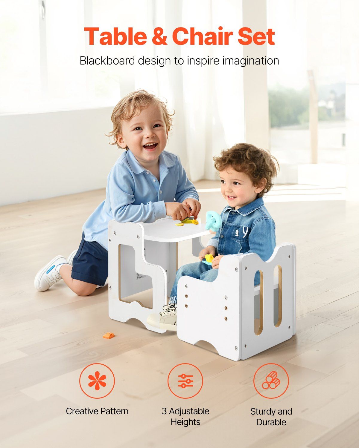 Montessori Weaning Table and Chair Set, 3 In 1 Wooden Toddler Table and Chairs with Chalkboard, Reading, Eating - White