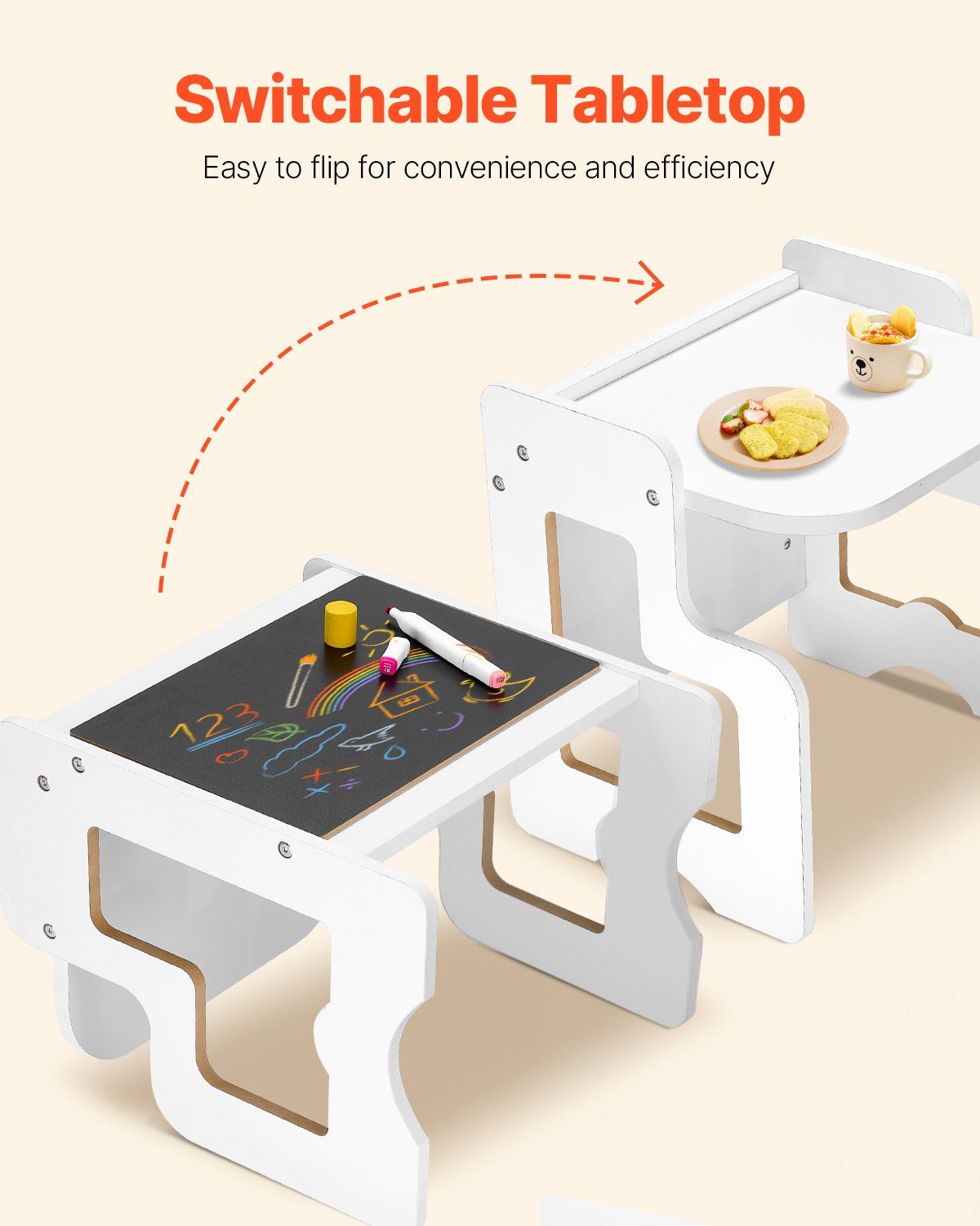 Montessori Weaning Table and Chair Set, 3 In 1 Wooden Toddler Table and Chairs with Chalkboard, Reading, Eating - White