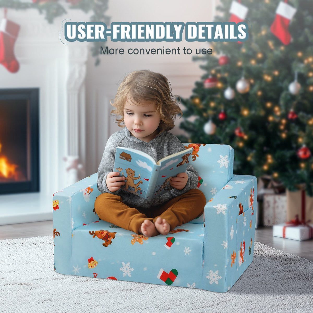 Kids Couch, 2-in-1 Toddler Chairs Comfy, Toddler Couch Sofa Bed Fold Out, Convertible Sofa to Lounger, Sky Blue
