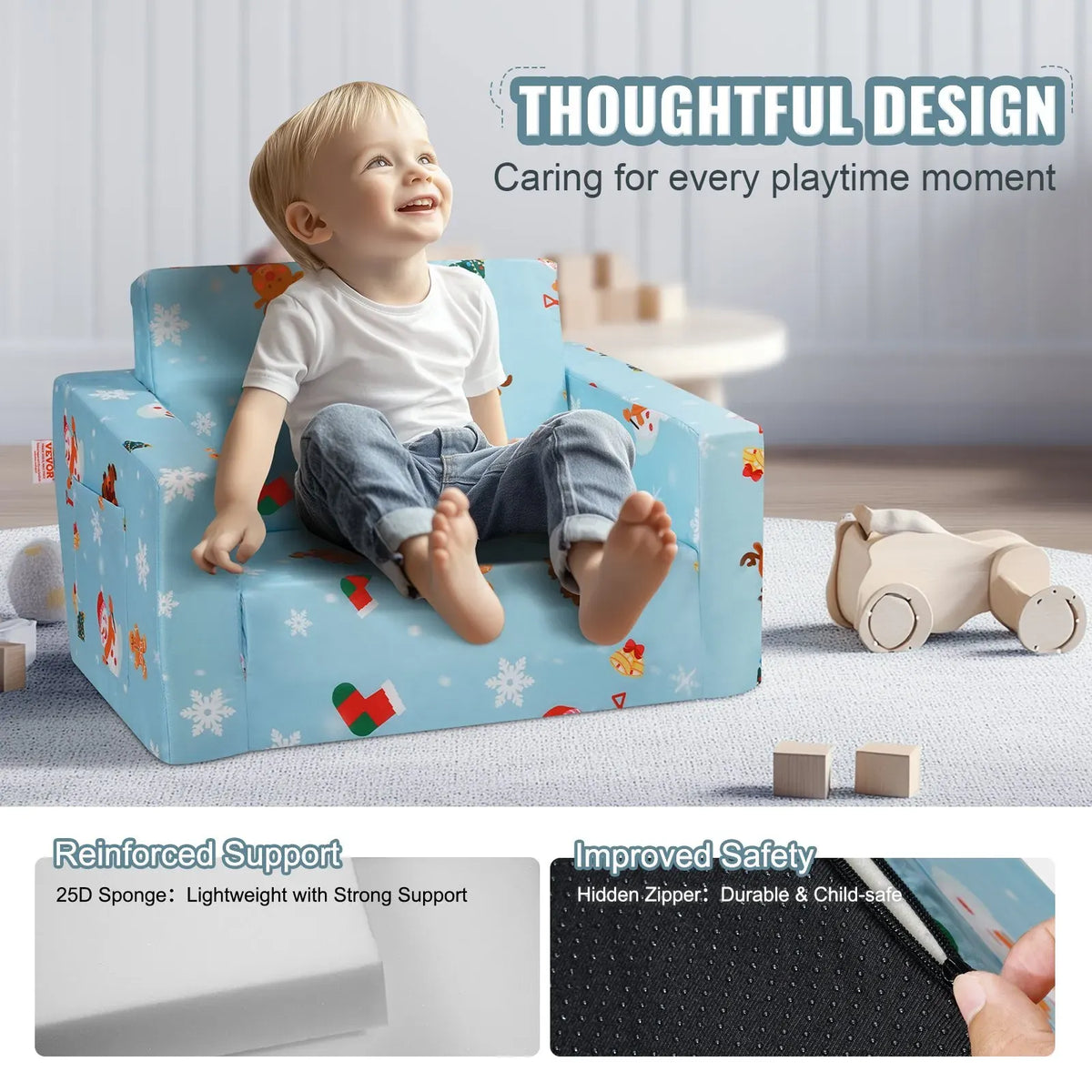 Kids Couch, 2-in-1 Toddler Chairs Comfy, Toddler Couch Sofa Bed Fold Out, Convertible Sofa to Lounger, Sky Blue