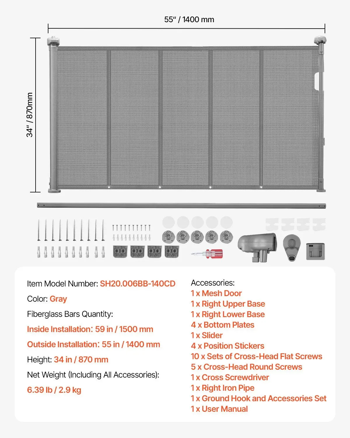 Retractable Baby Gate, 870 mm Tall, Extends up to 1400 mm Wide, Mesh Material, Doorways, Hallways, Playrooms, Gray