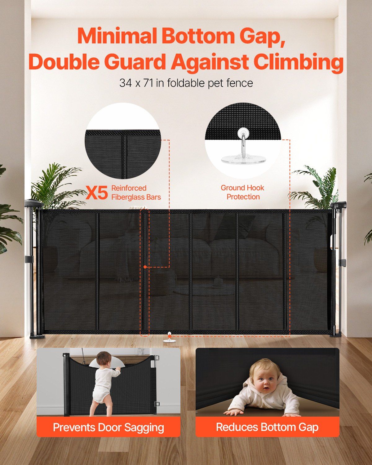 Retractable Mesh Baby Gate, 870 mm Tall, Extends to 1800 mm Wide, Easy-Install Safety Gate for Stairs, Doorways & Hallways, Black