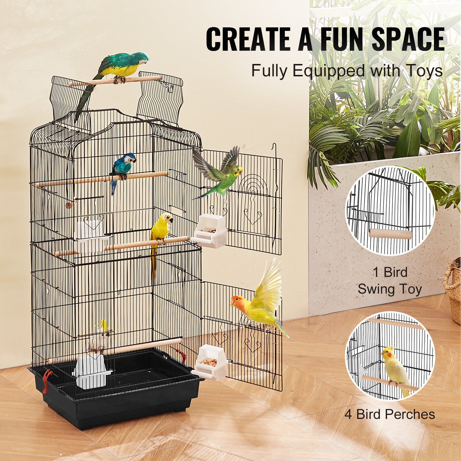 104cm Open Top Large Bird Cage with Stand Hanging Parrot Bird Cage for Parakeets Cockatiels Budgies Lovebirds Finches Canaries Quaker Conures with Swing Perch