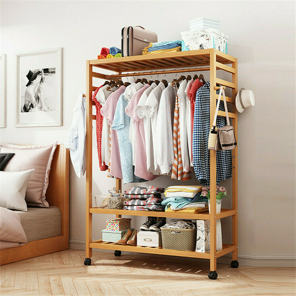 169cm Mildrew-proof Bamboo Clothes Shelves Stand On Wheels Coat Shoes Bags Rack