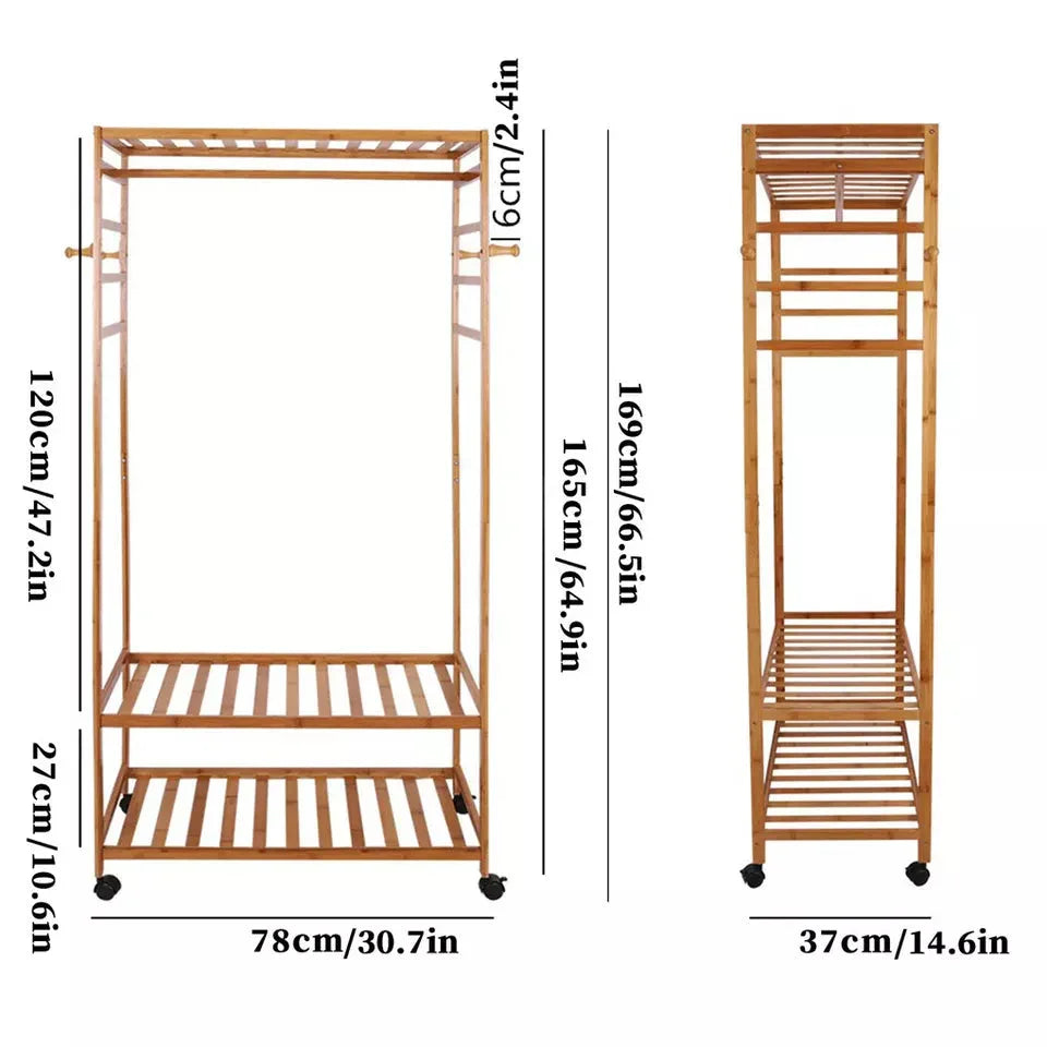 XXL Wooden Clothes Rail Coat Rack with Wheels – Open Wardrobe Organizer